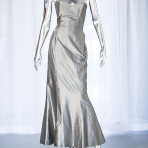 grey silver formal gown strapless